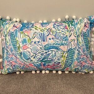 Colorful Mermaid Print Pillow with Pom Poms